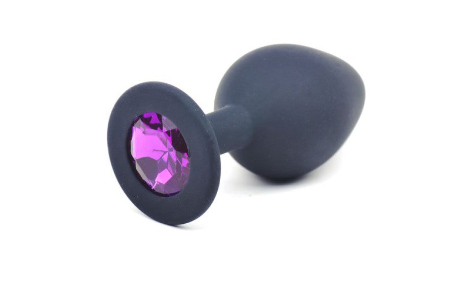 Black Silicone Anal Plug Medium w Purple Diamond