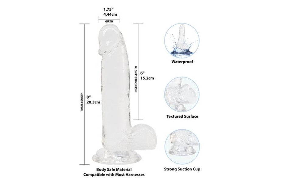 Crystal Dildo w Balls 8in Clear