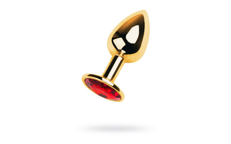 Gold Metal Anal Plug w Red Ruby Gem Small