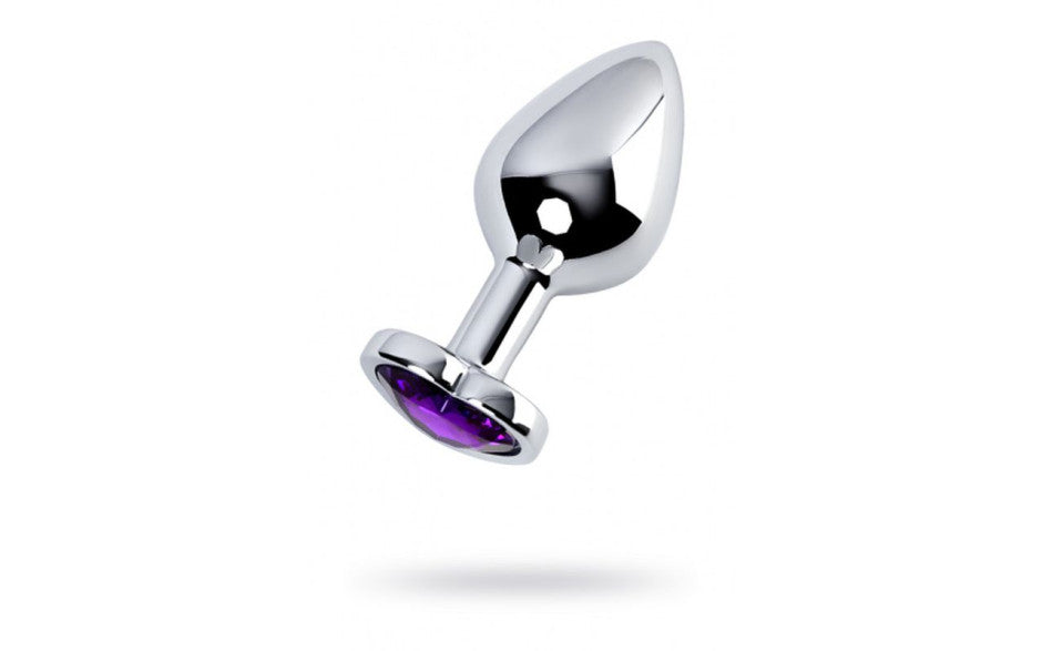 Silver Metal Anal Plug w Amethyst Heart Crystal Medium