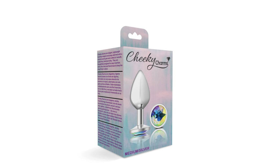 Cheeky Charms Silver Round Butt Plug w Clear Iridescent Jewel Medium