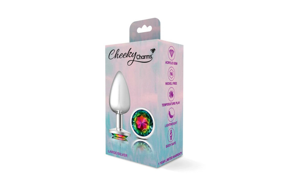 Cheeky Charms Silver Round Butt Plug w Rainbow Jewel Large