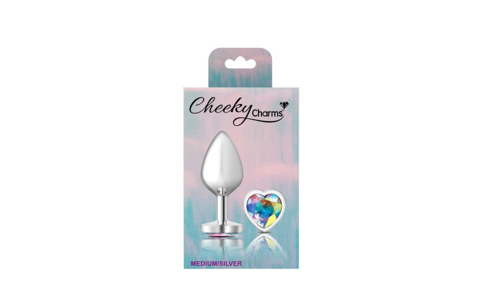 Cheeky Charms Silver Metal Butt Plug w Heart Clear Jewel Medium
