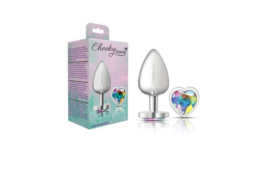 Cheeky Charms Silver Metal Butt Plug w Heart Clear Jewel Large