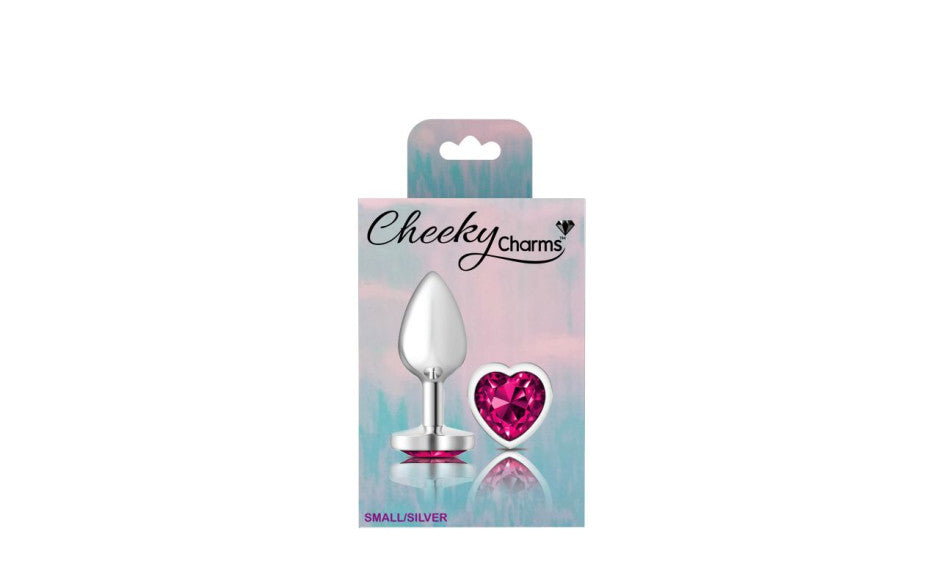 Cheeky Charms Silver Metal Butt Plug w Heart Pink Jewel Small