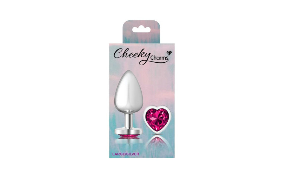Cheeky Charms Silver Metal Butt Plug w Heart Pink Jewel Large