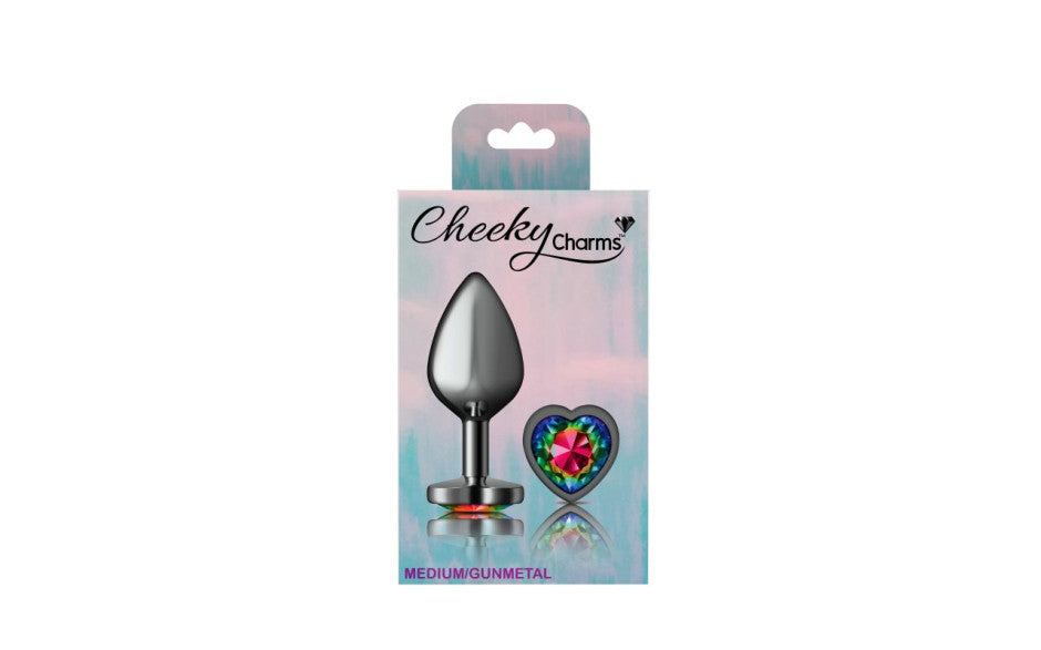 Cheeky Charms Gunmetal Butt Plug w Heart Rainbow Jewel Medium