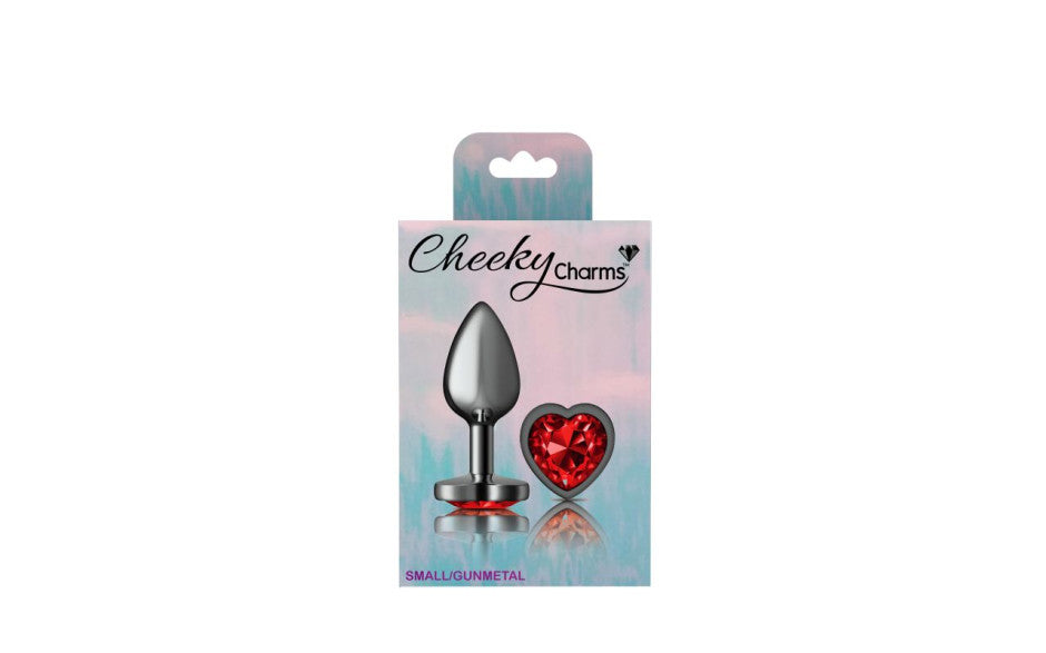 Cheeky Charms Gunmetal Butt Plug w Heart Red Jewel Small