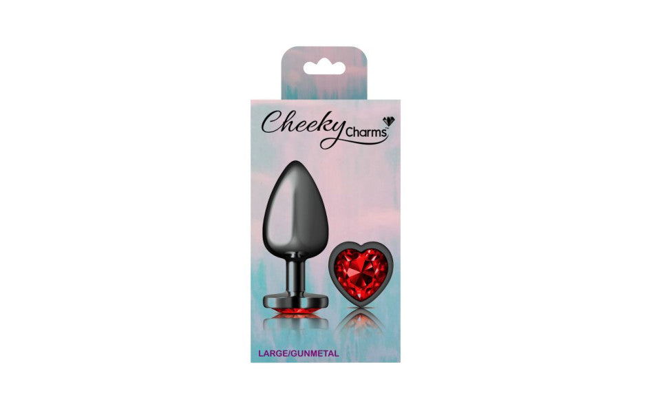 Cheeky Charms Gunmetal Butt Plug w Heart Red Jewel Large