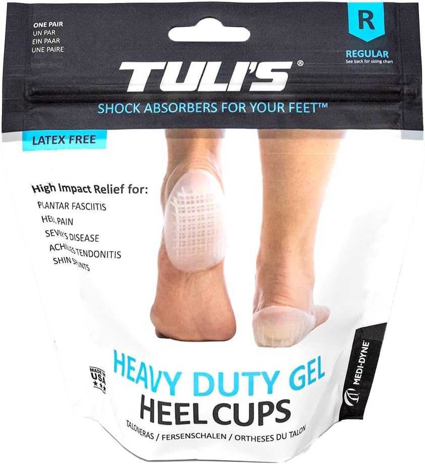 Tuli's Heavy Duty Gel Heel Cup, TuliGEL Shock Absorption Cushion Insert for Plantar Fasciitis, Sever's Disease and Heel Pain Relief, Small