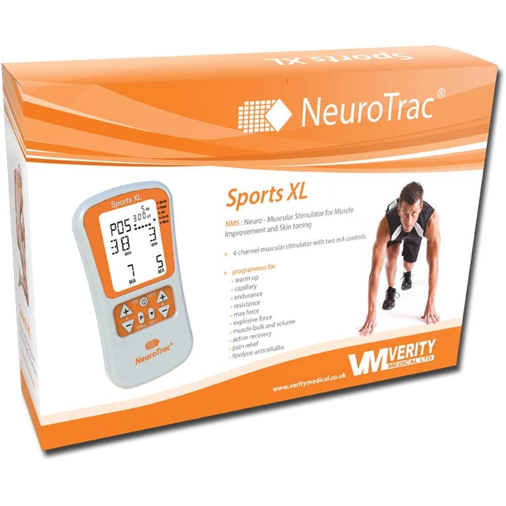 NeuroTrac Sports XL device packaging with a person exercising on a white background