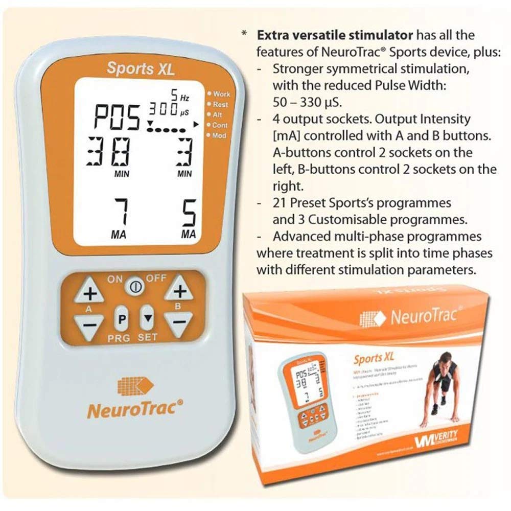 NeuroTrac Sports XL electronic device with packaging on a beige background