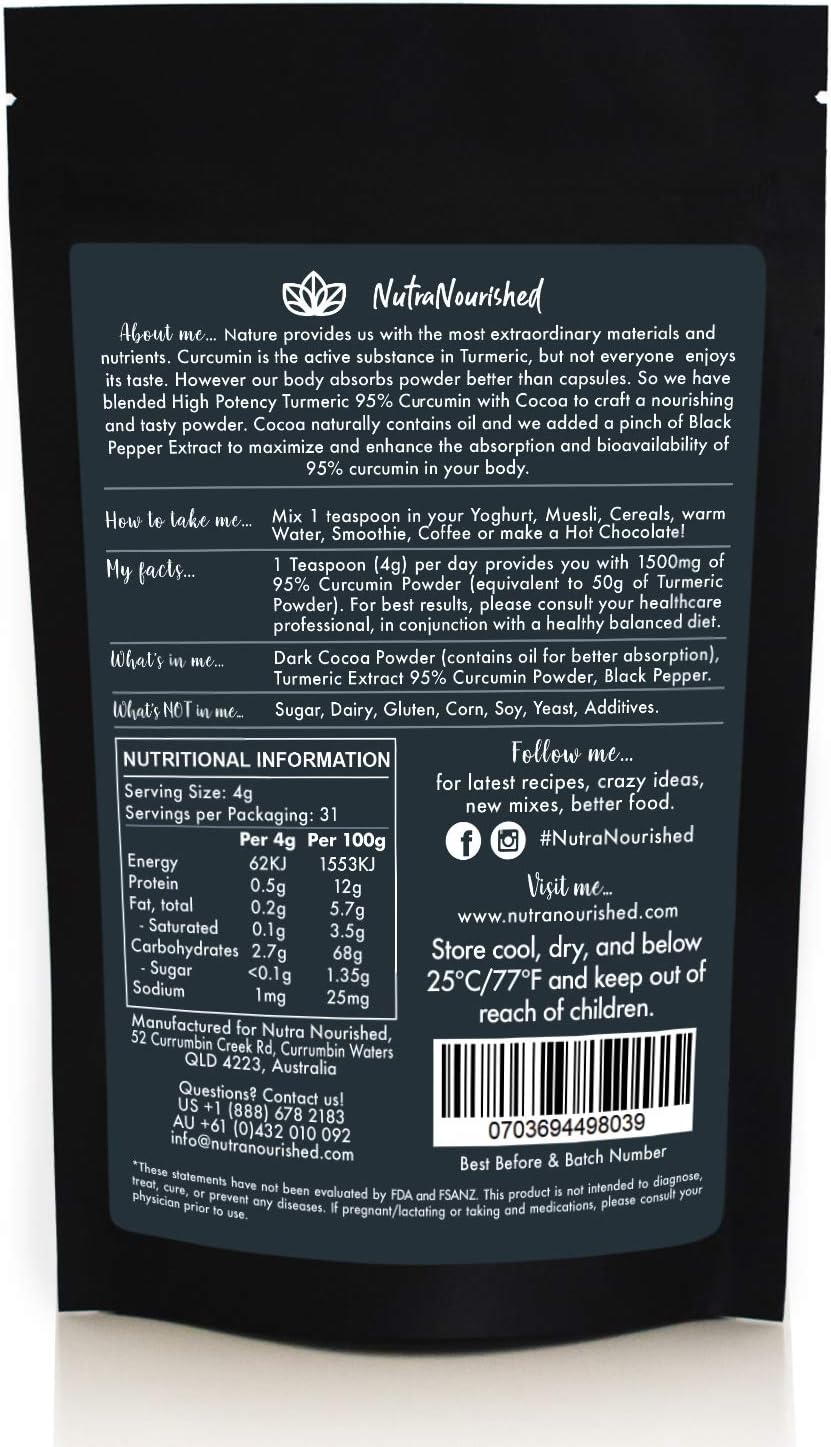 95% Organic Curcumin Extract Cocoa Flavour - Turmeric Powder With Black Pepper - Organic and with Black Pepper