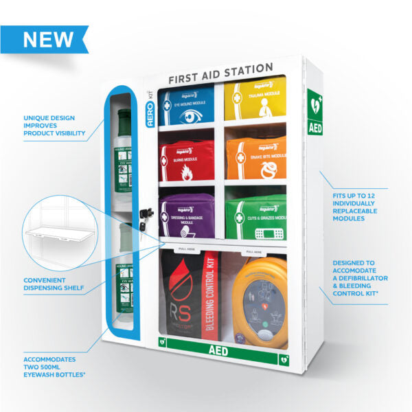 AeroKit First Aid Station – 6 Modular Units in Wall-Mounted Cabinet | Workplace Safety Solution