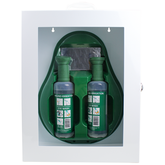 AEROWASH Drop Eyewash Station – Metal Cabinet with Perspex Front | 2 x 500mL Bottles | Emergency Eye Wash Solution