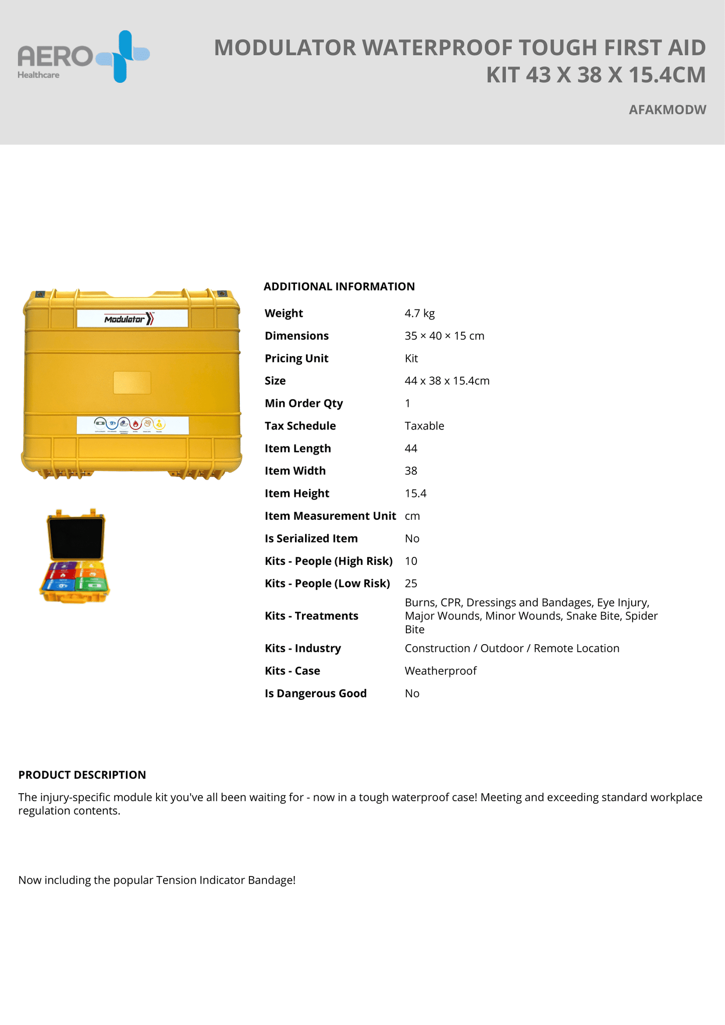 Waterproof Tough First Aid Kit – 6 Colour-Coded Modules, Tension Indicator Bandage, 43 x 38 x 15.4cm | Workplace Compliant & Durable Case