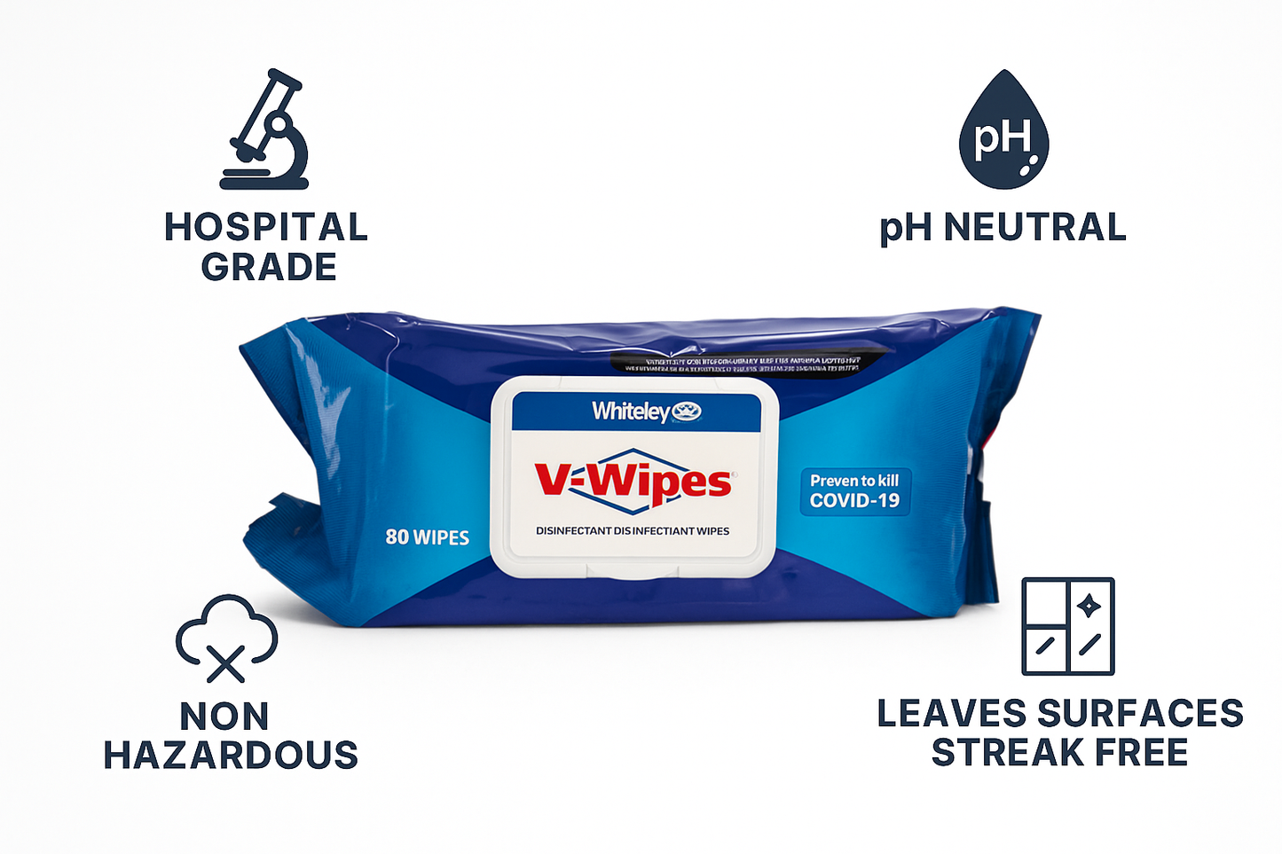 V-Wipes Hospital Grade Disinfectant Wipes – 80 Pack, pH Neutral, Non-Hazardous, Streak-Free