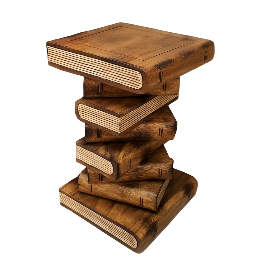 Solid Hardwood Book Stack Side Table – Rustic Timber Plant Stand / Corner Stool Natural Finish