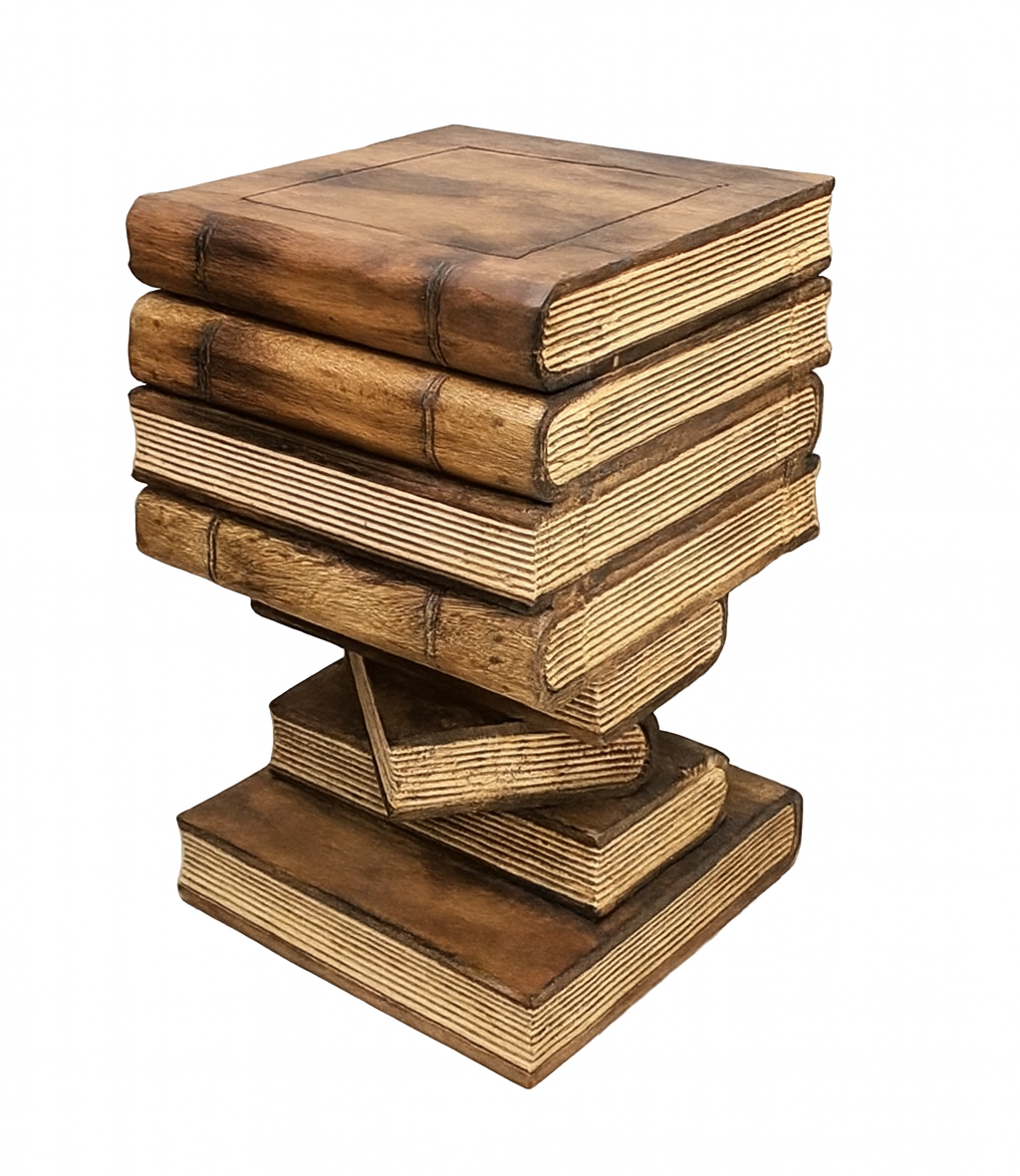 Artisan Handmade Book Stack Side Table with Storage | Hardwood Bedside Table Natural Burned