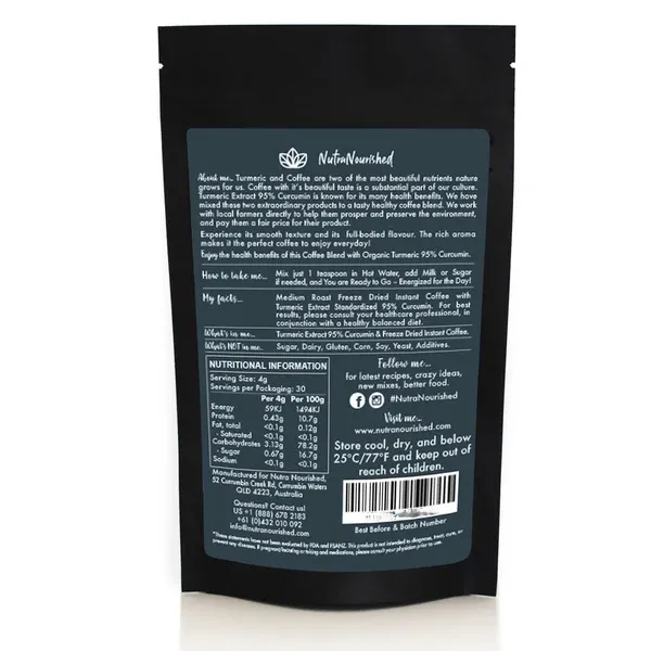 Instant Coffee with 95% Pure Organic Curcumin - Turmeric Extract Powder (1,000mg) - 120g