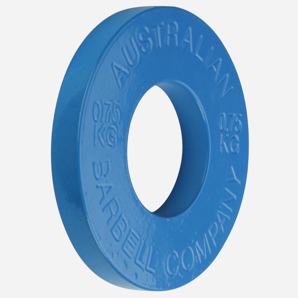 Blue weight plate with 'Australian Barbell Company' branding on a white background