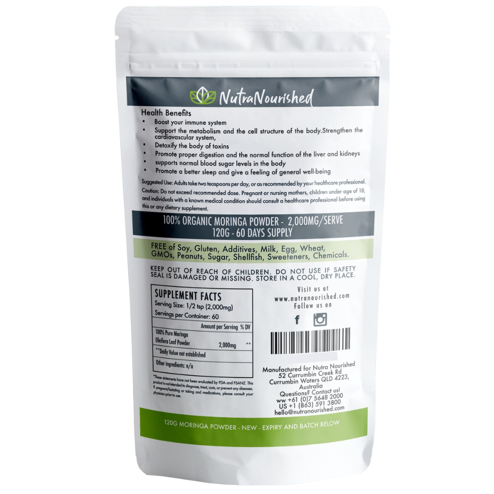 Nutra Nourished Organic Pure Moringa Leaf Powder - 120g/2 Month Supply - Nutrient-Rich Superfood Powder