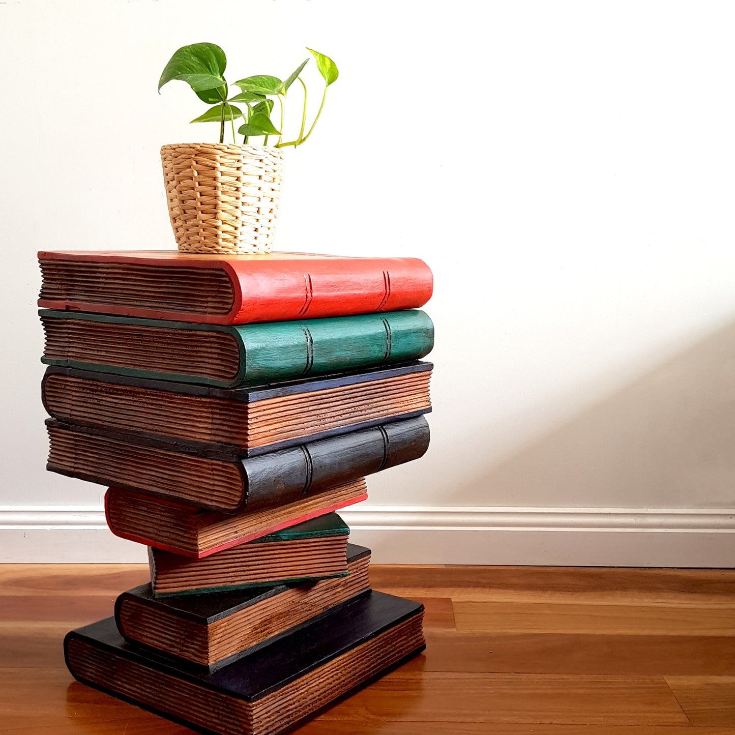 Artisan Handmade Book Stack Side Table with Storage | Hardwood Bedside Table