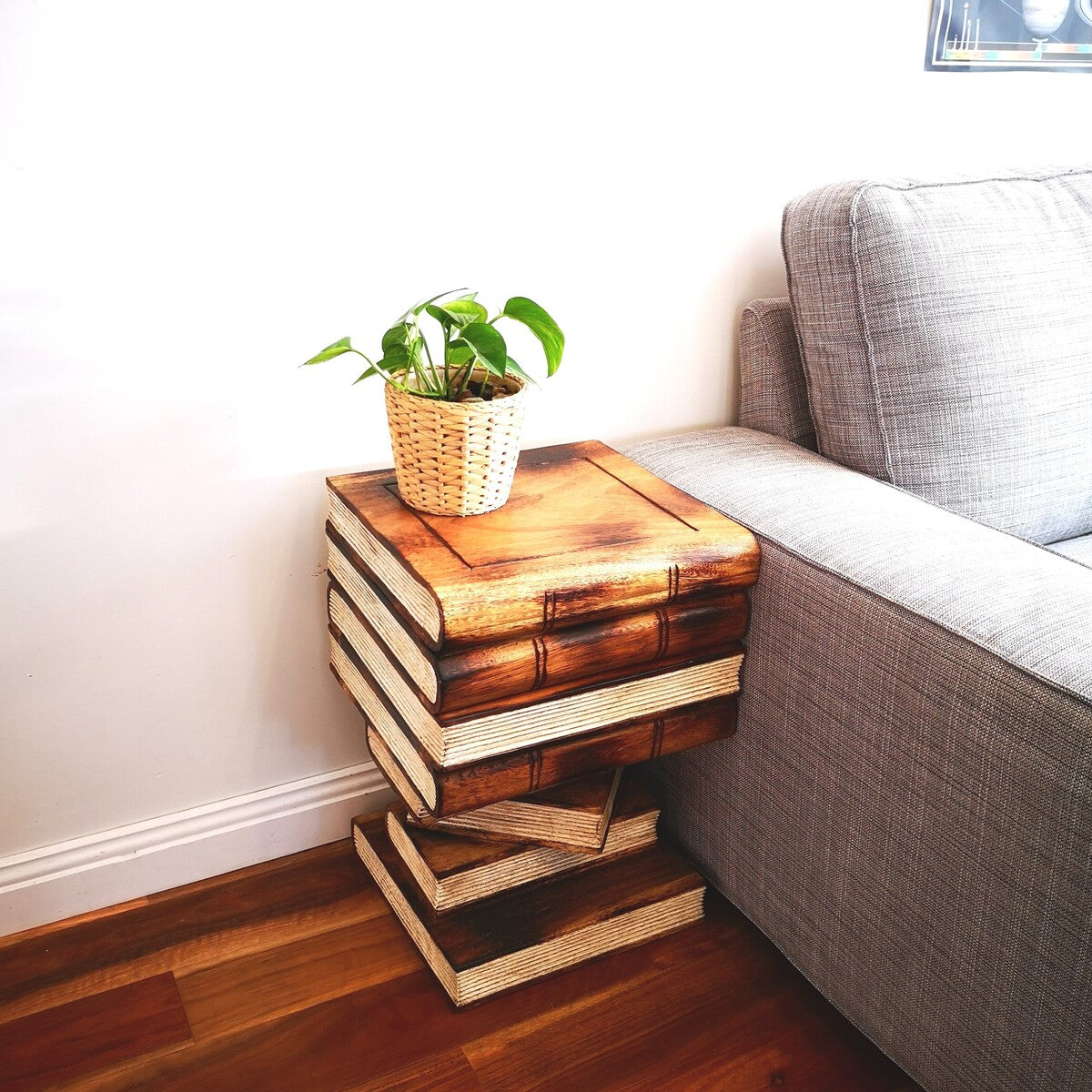 Artisan Handmade Book Stack Side Table with Storage | Hardwood Bedside Table Natural Burned