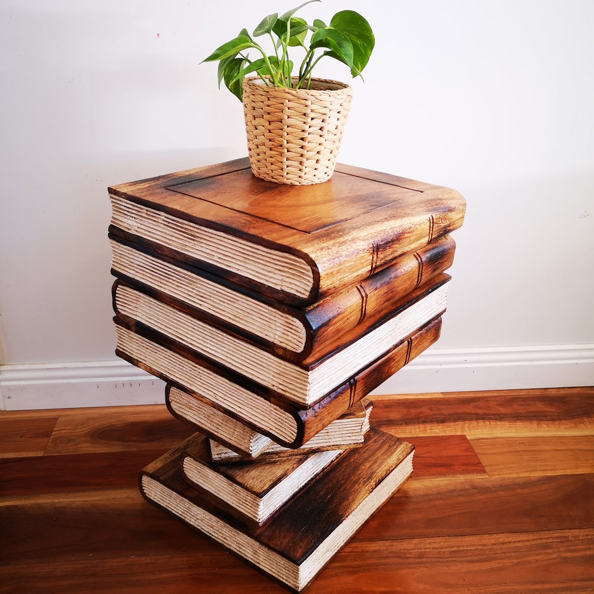 Artisan Handmade Book Stack Side Table with Storage | Hardwood Bedside Table Natural Burned
