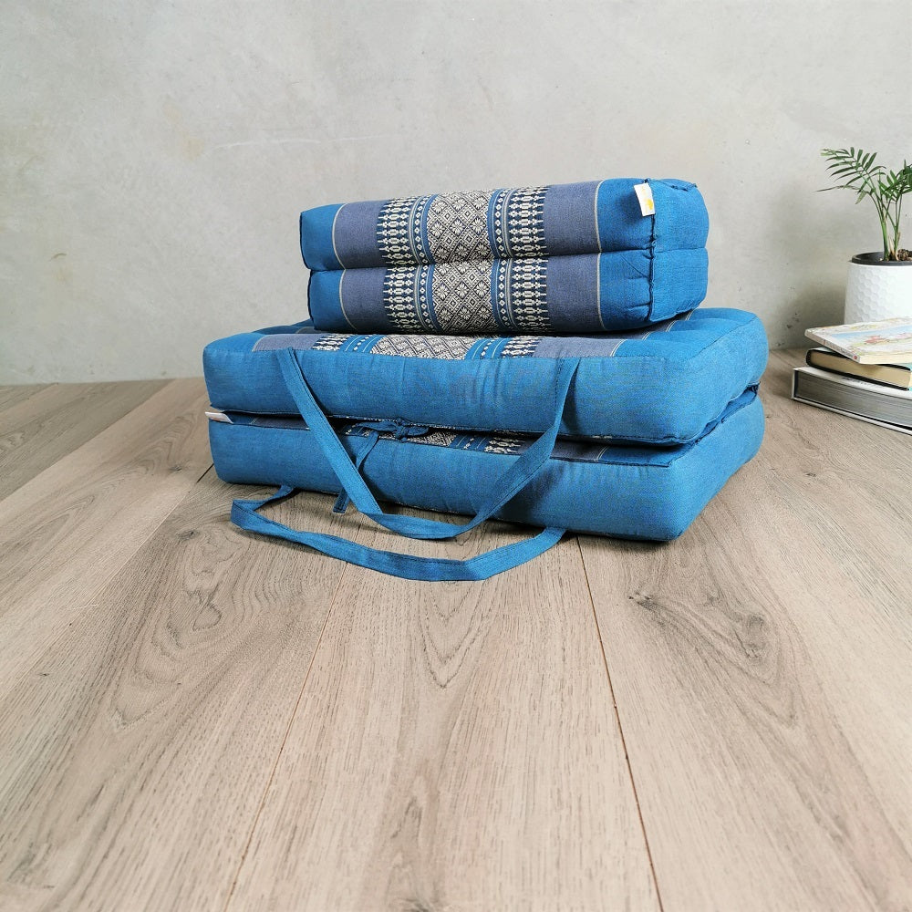 Foldable Meditation Cushion + Kapok Yoga Block Set | Handmade Thai Floor Mat with Handle | Supportive Allergen-Free Seating for Yoga, Meditation, or Travel
