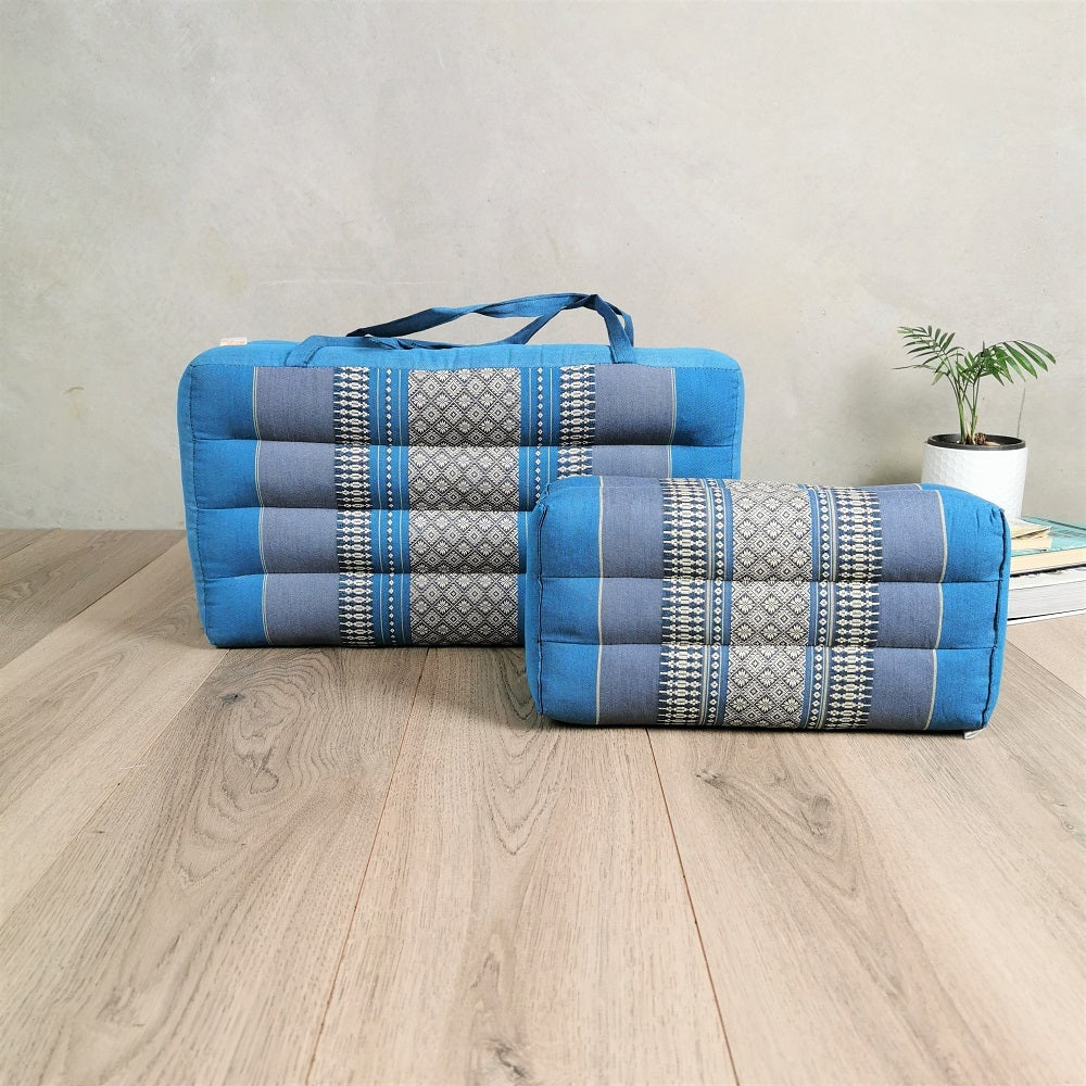 Foldable Meditation Cushion + Kapok Yoga Block Set | Handmade Thai Floor Mat with Handle | Supportive Allergen-Free Seating for Yoga, Meditation, or Travel