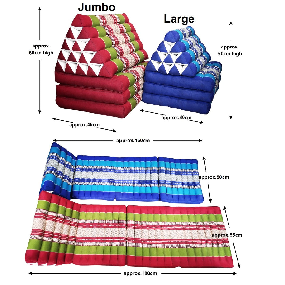 Large Thai Triangle Pillow – 3 Fold Floor Cushion | Handmade Thai Lounge Mat & Backrest | 100% Kapok Filled