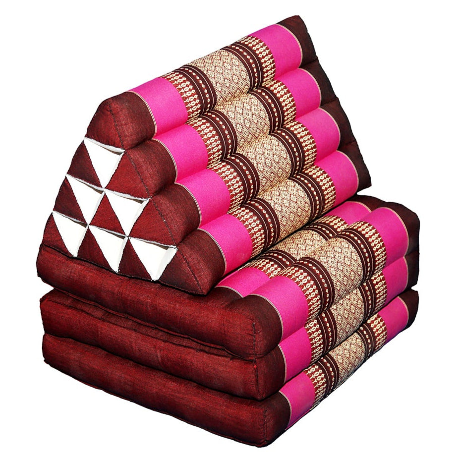 Triangular floor cushions with geometric patterns, shown in various settings with people using them.