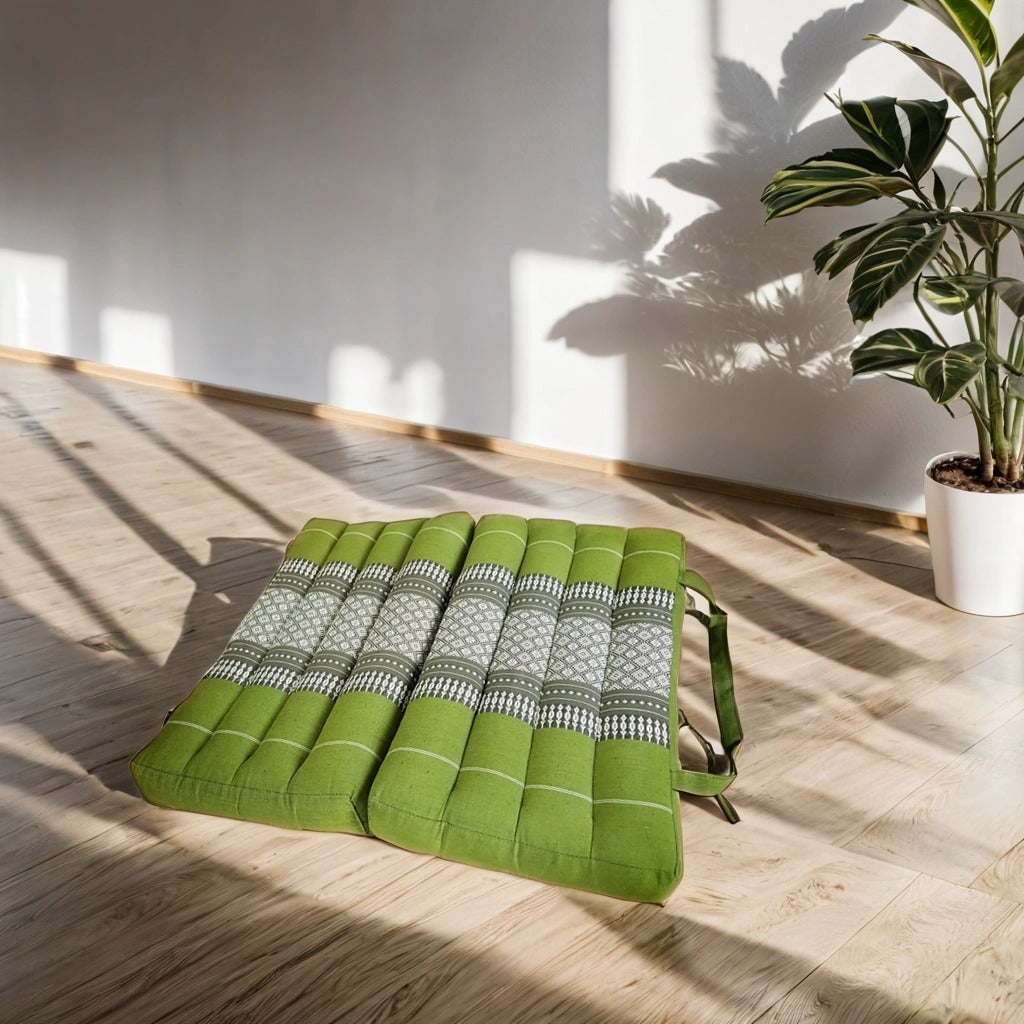 Handmade 2-Fold Meditation Cushion – Thai Kapok Yoga Mat with Portable Handle