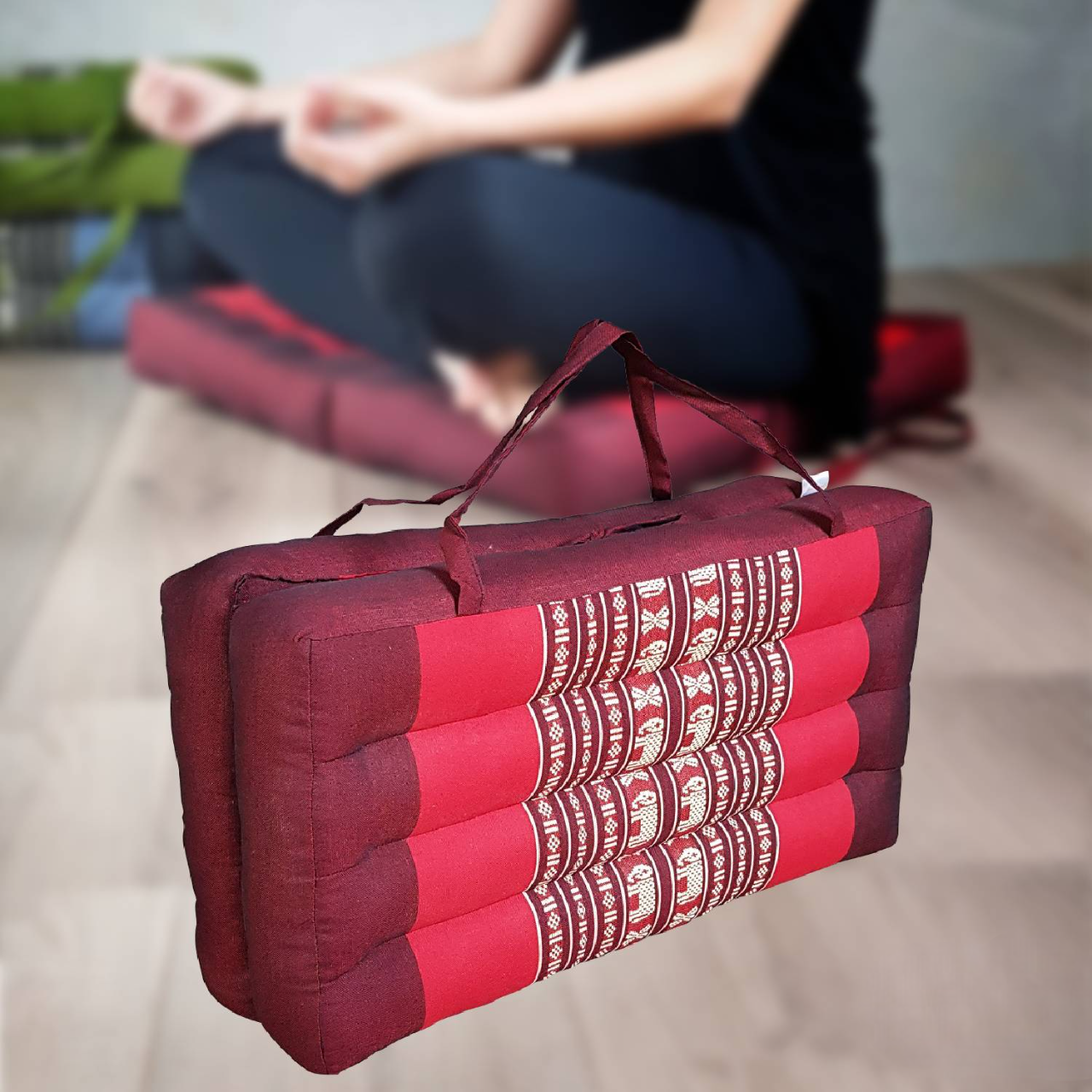 Handmade 2-Fold Meditation Cushion – Thai Kapok Yoga Mat with Portable Handle