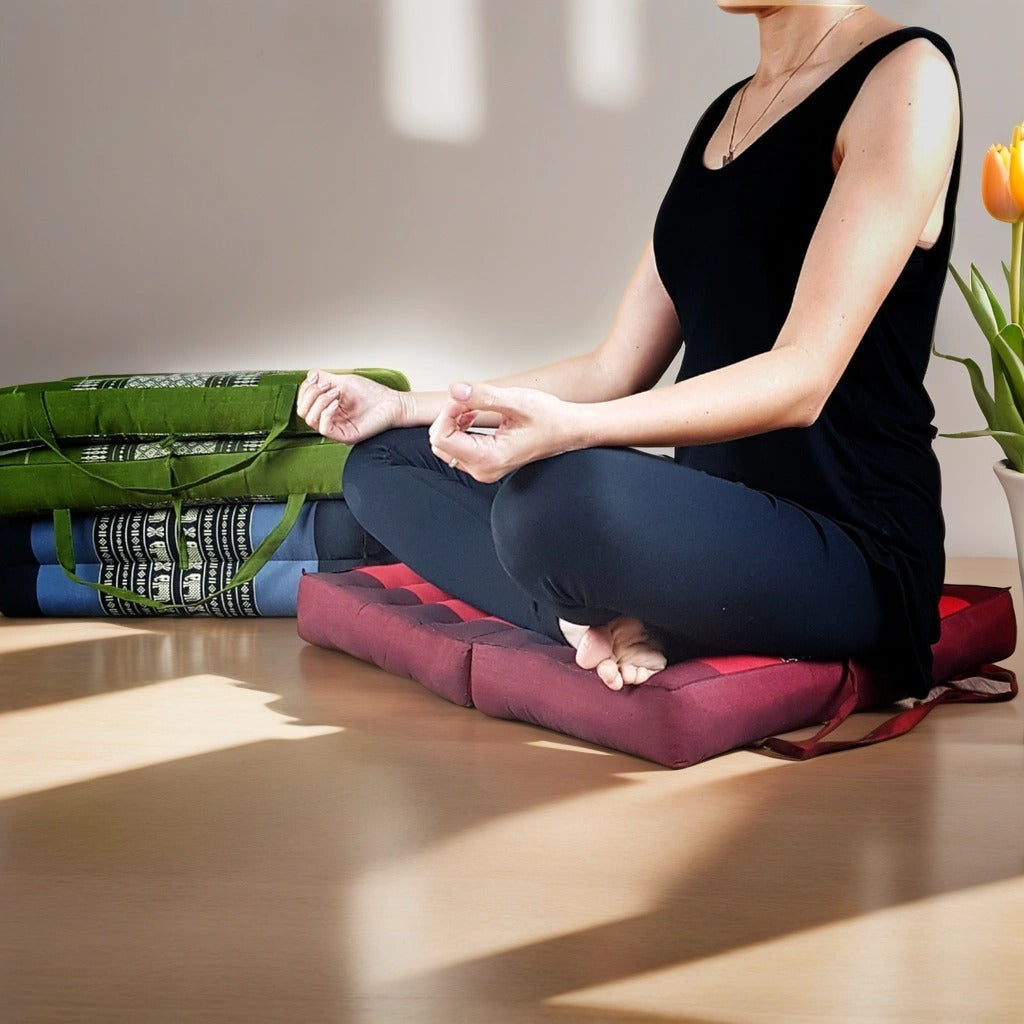 Handmade 2-Fold Meditation Cushion – Thai Kapok Yoga Mat with Portable Handle