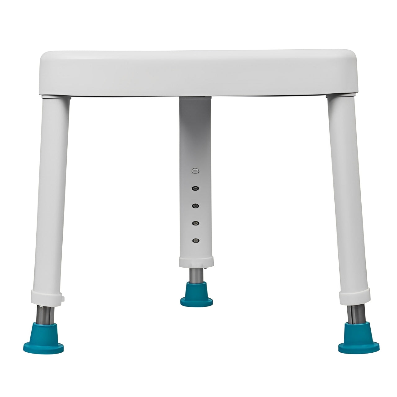 White adjustable bath seat with blue foot pads on a white background
