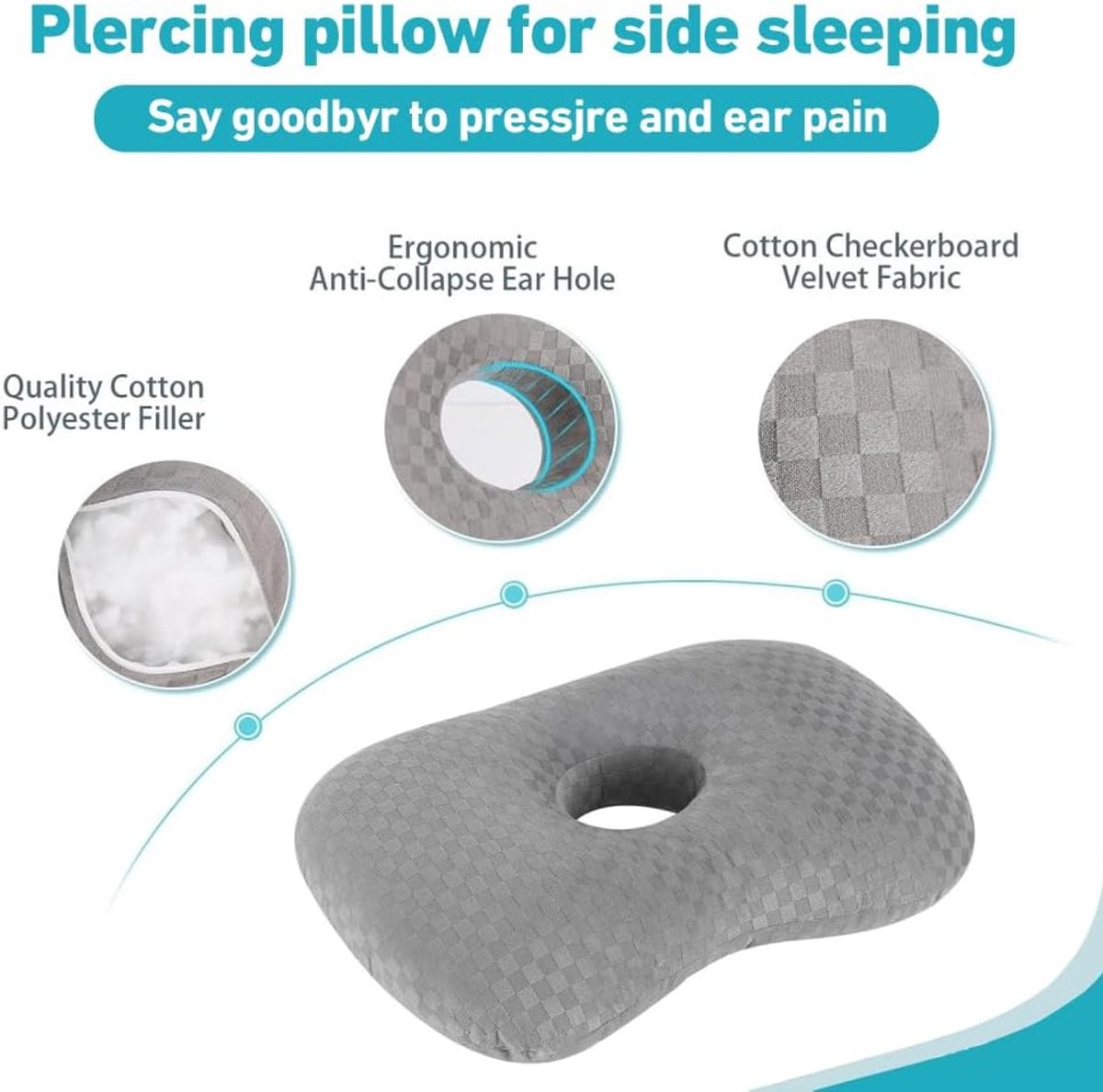 Pillow - head pillow - neck pillow - ear pillow - piercing pillow - donut pillow - piercing pillow with hole - sleeping ring for side sleepers to relieve pain - 32 * 44 cm - grey