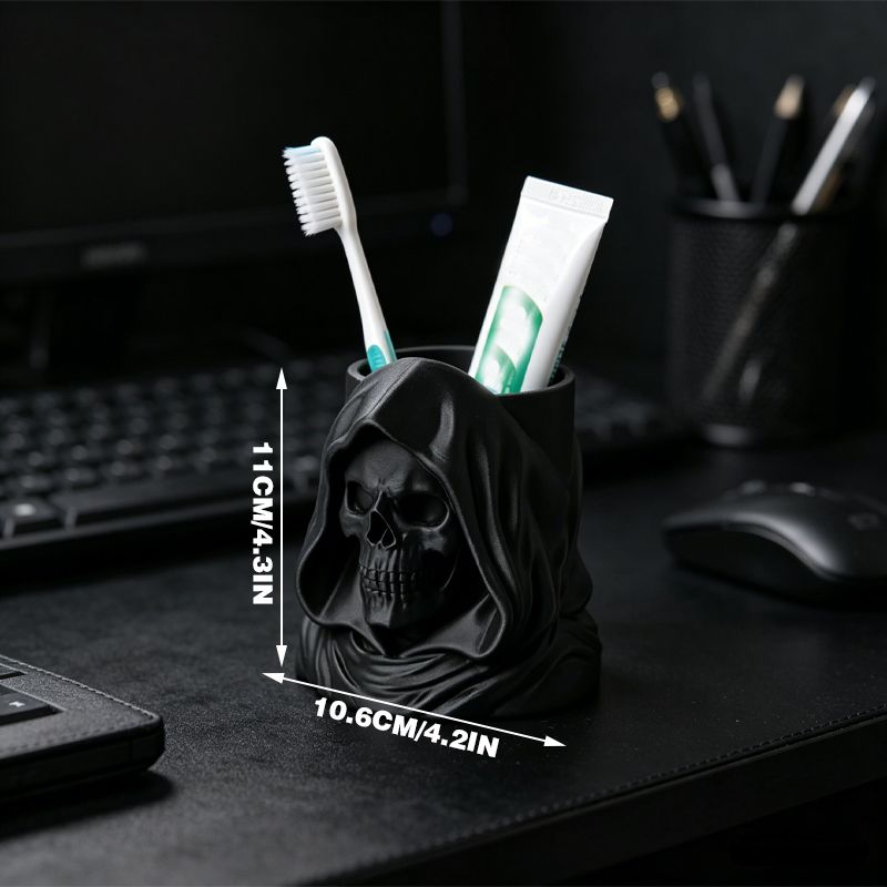 3D Printed Hooded Skull Toothbrush & Toothpaste Organizer - Black