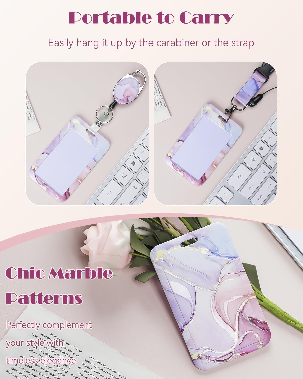 Marbling Sliding Badge Holder Pink & Black Marble Pattern Plastic Card Holder with Retractable Badge Reel Carabiner Detachable Lanyard Vertical Card Protector for Office Worker Student