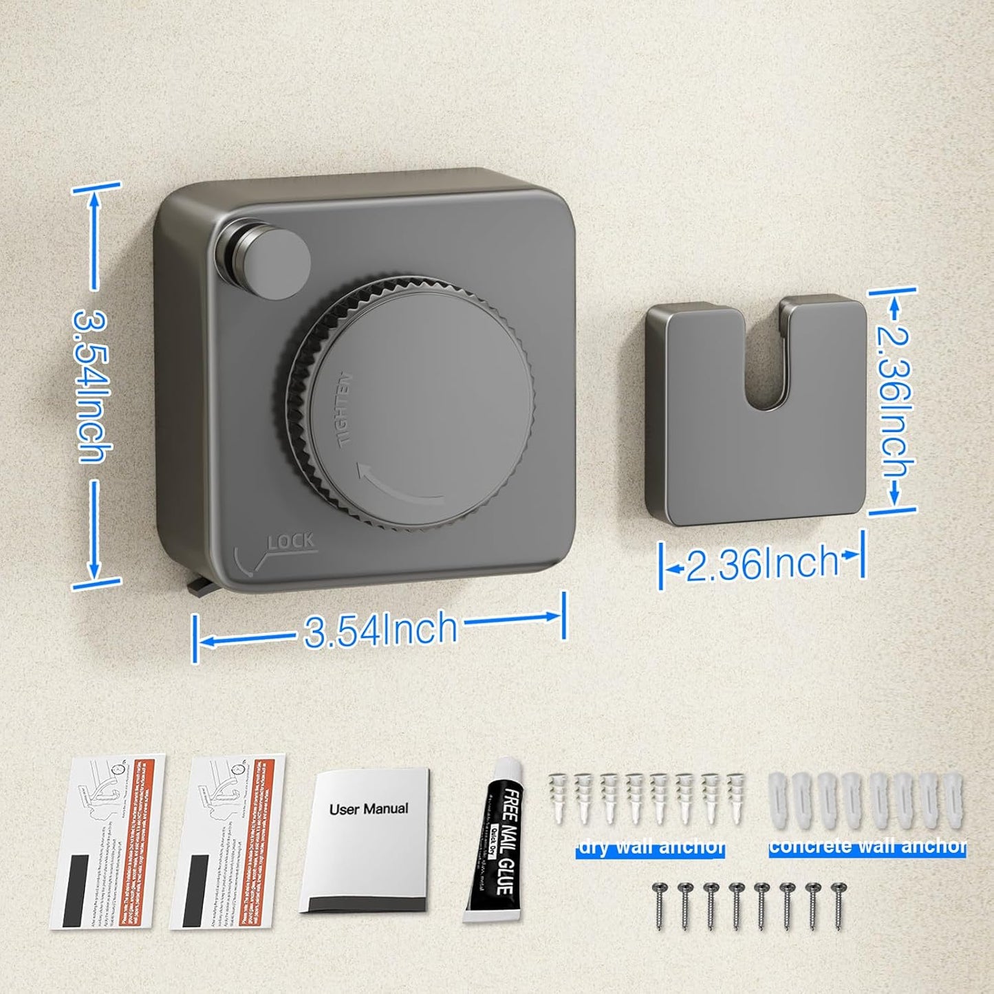 Retractable Clothesline 15.1ft - Wall Mounted Stainless Steel Non-Sagging Gray