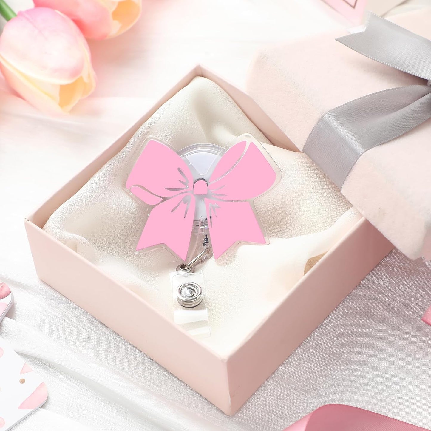 Pink Bow Badge Reel Cute Retractable ID Holder Clip Accessories for Nurses' Day Gift Nurse Office Student Teacher Doctor Coworker Employee CNA RN MA LPN Medical(1 Pcs) -