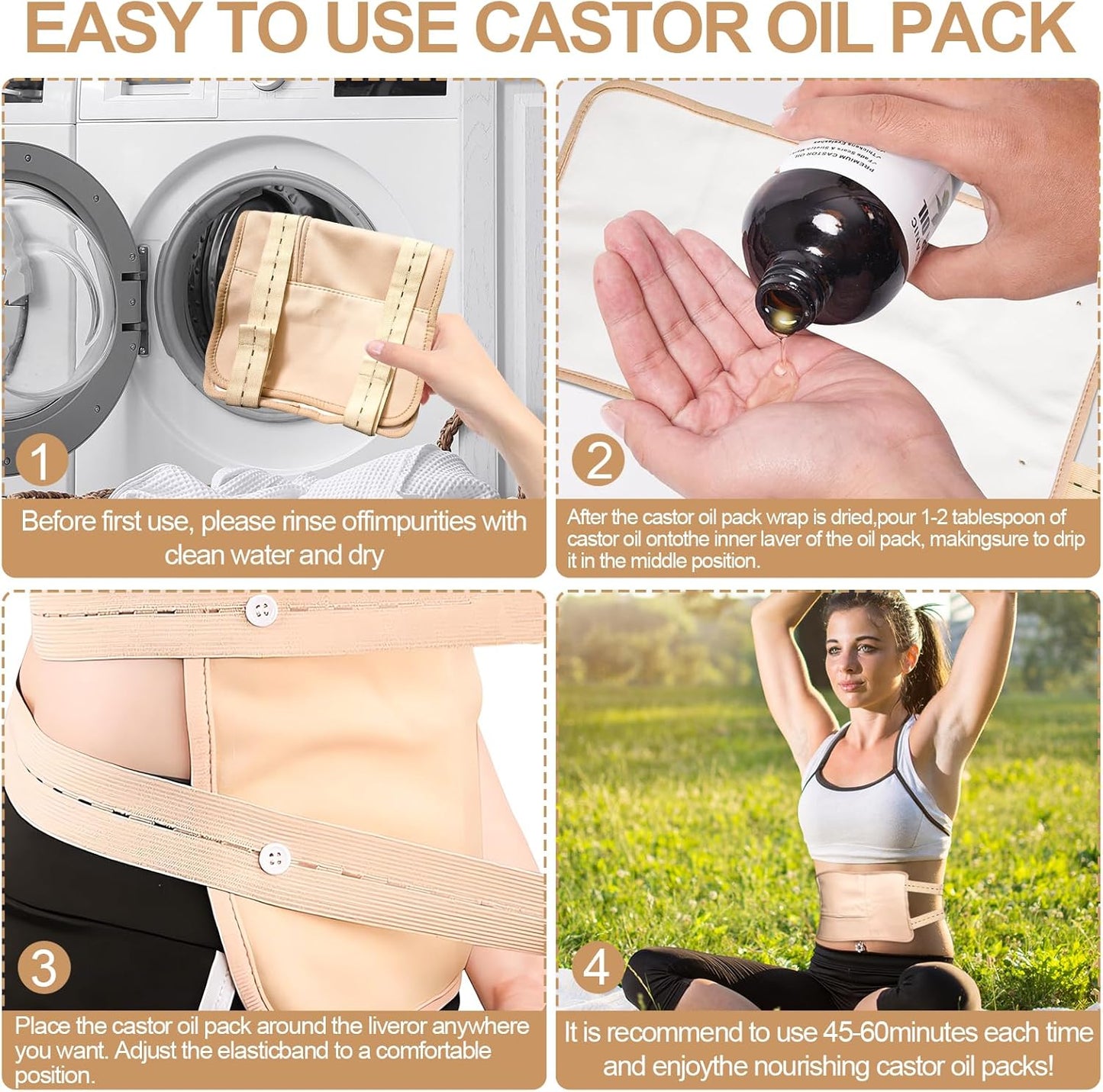 Castor oil packs - Reusable adjustable packaging set for the liver - promotes sleep - supports the liver and abdominal muscles to improve blood circulation and digestion (Castor oil not included) (1 pack)
