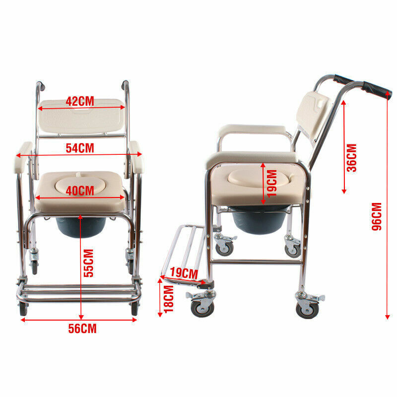 Heavy Duty Aluminum Bedside Commode Chair 200kg Mobile Shower Toilet Wheelchair