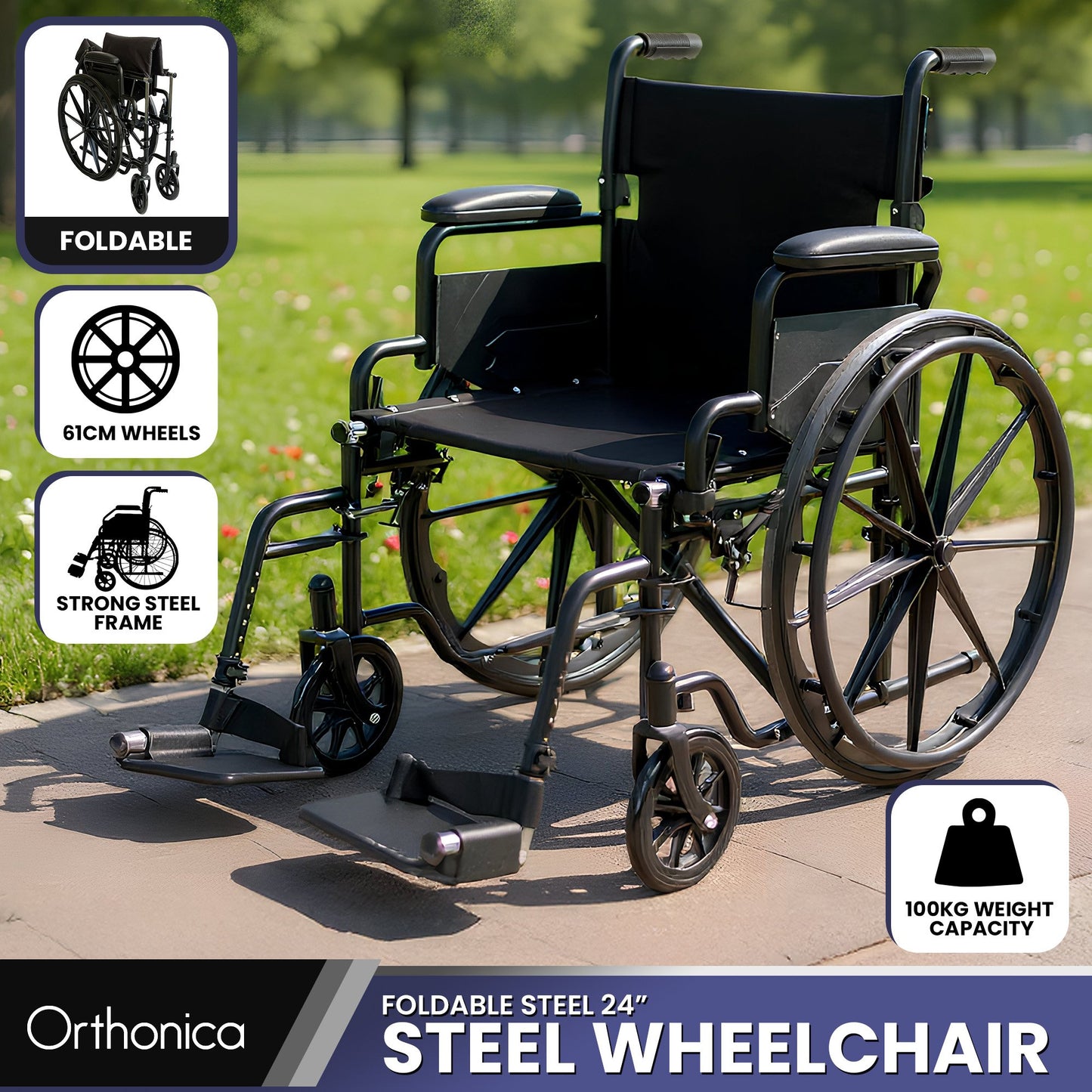 Lightweight Foldable Wheelchair with Steel Frame and Adjustable Footrests