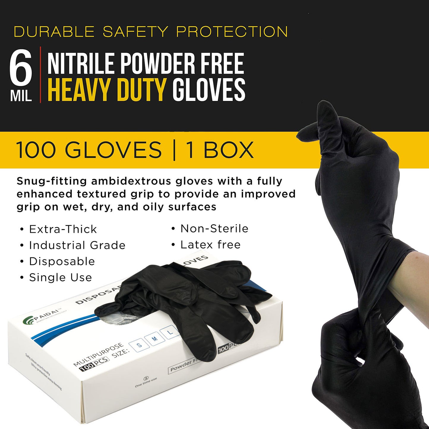 Heavy-Duty 6 Mil Nitrile Gloves - 100 Pack, Super Strong & Latex-Free for Industrial Use (Small)