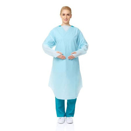 Medical Gown 100 Pack – Disposable Blue PPE Gowns with Open Back & Thumb Loops – Fluid Resistant