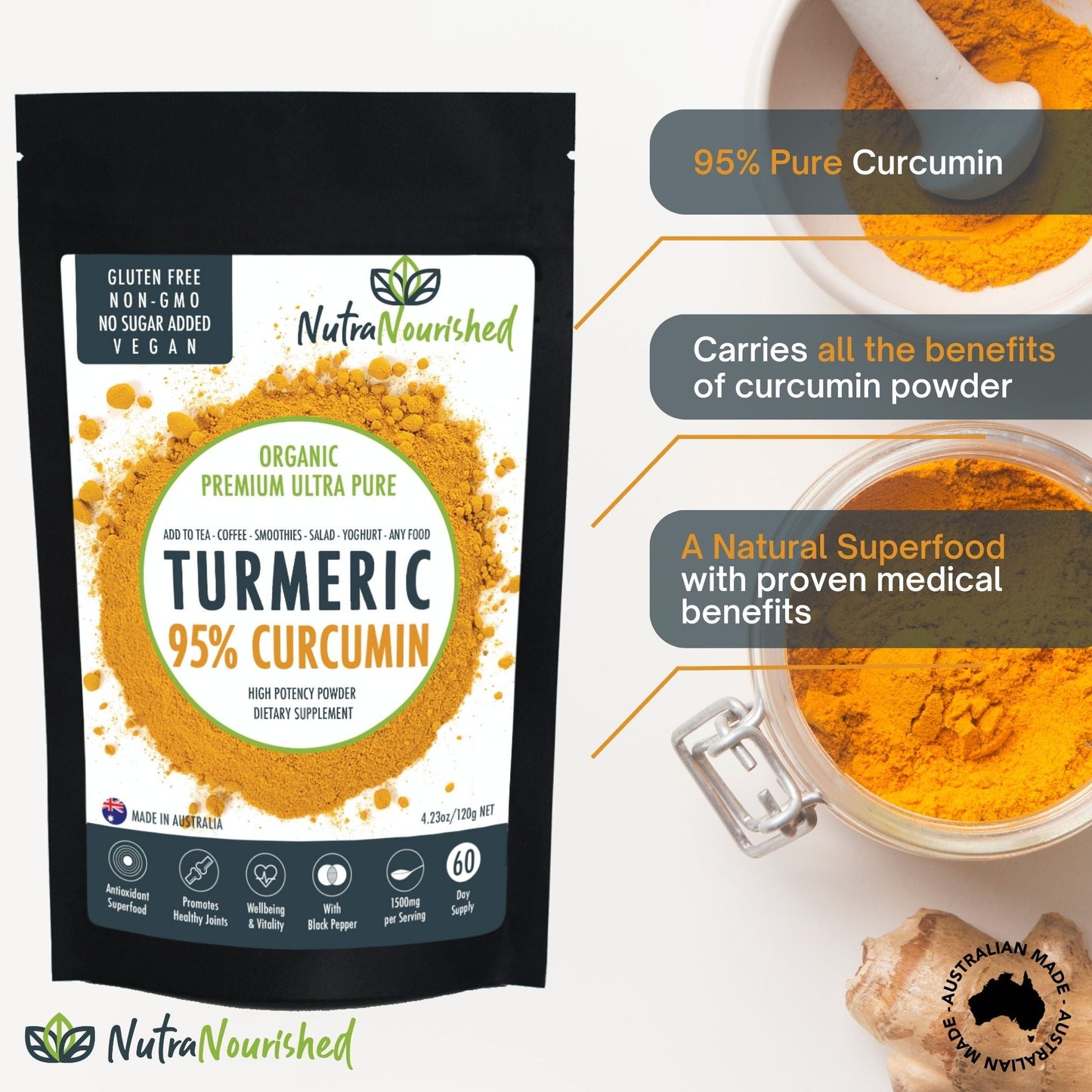 Pure Organic 95% Curcumin Powder - 1500mg of Turmeric Extract