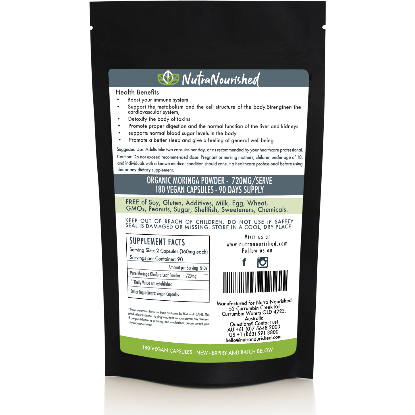 Nutra Nourished Moringa Leaf Powder Capsules - 180 Vegan Capsules/3 Month Supply