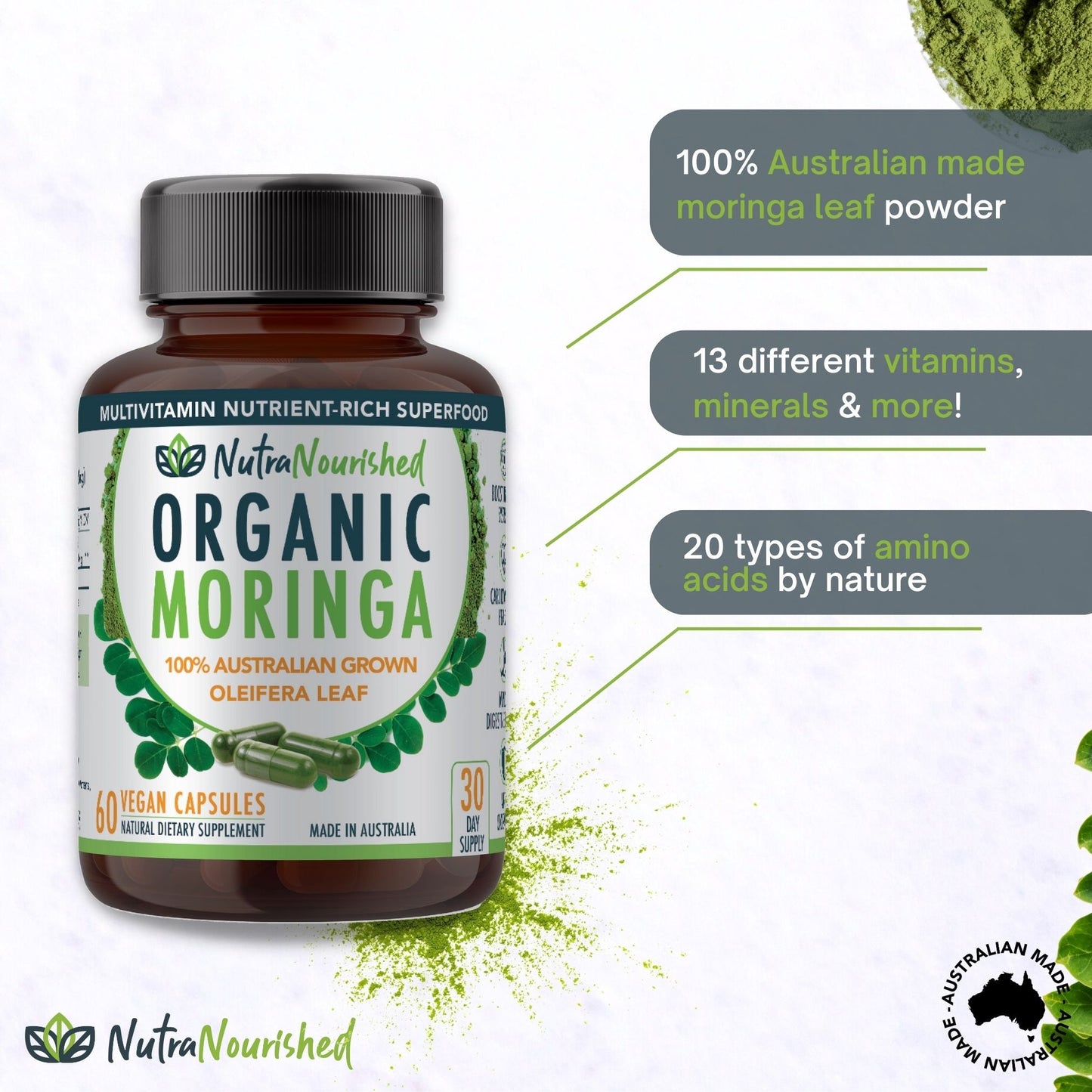 Organic Pure Moringa Leaf Capsules, 60 Vegan Capsules